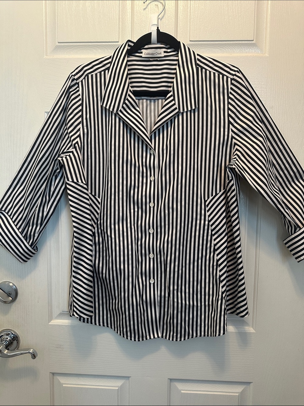 Coldwater Creek Black and White Vertical Stripe Button-Down Shirt